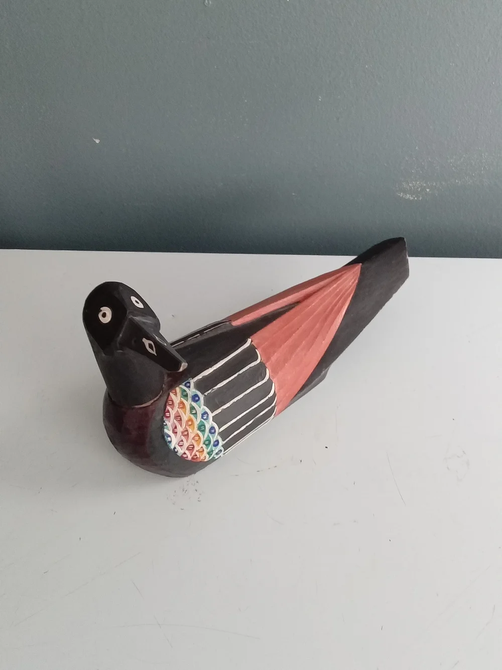 Handpainted Black & Coral Decorative Bird Figurine